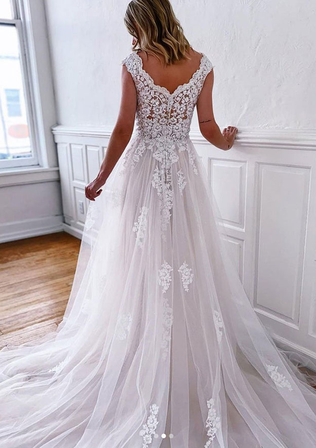 Ivory Lace Applique Off-Shoulder Sleeveless Long Wedding Dress