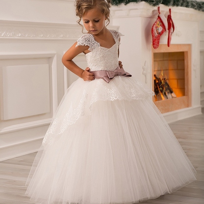 White Lace Bow Front Sleeveless Long Kids Wedding Dress