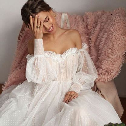 White Off-Shoulder Full Puff Sleeves Long Evening Dress