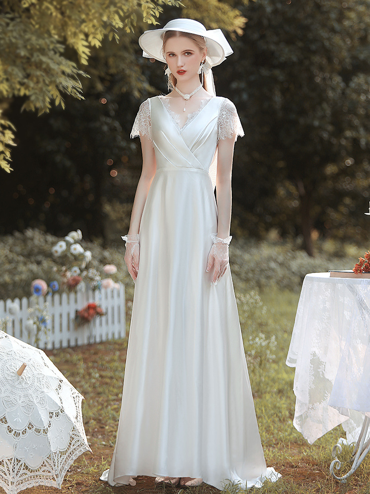 White V-Neck Short Sleeves Wedding Dress