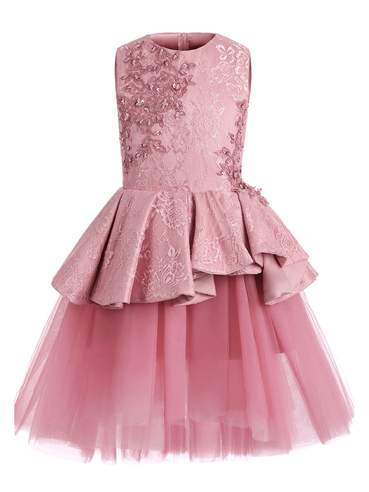 A-Line Pink Lace Appliqued Sleeveless Kids Party Dress