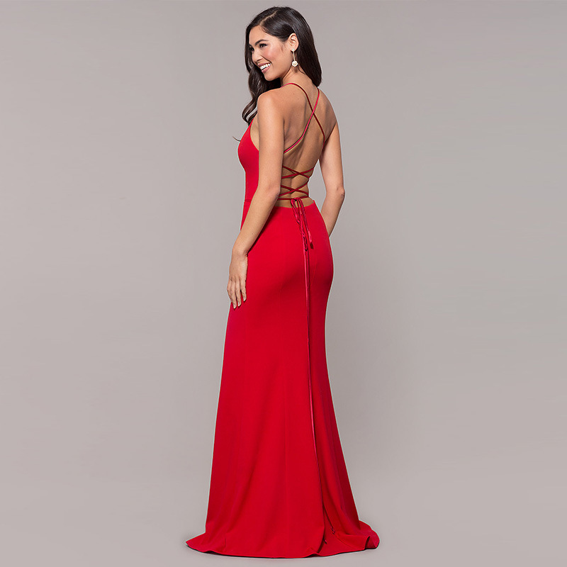 Plunging Neckline Backless Evening Long Slit Dress