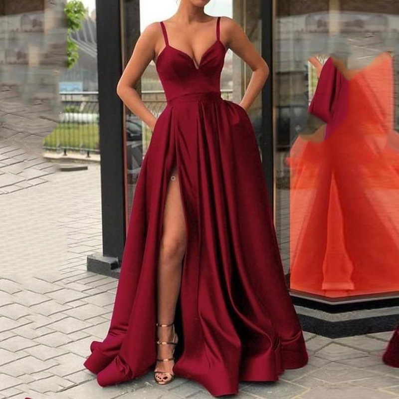 Satin Deep V Neck Sleeveless Evening Dress