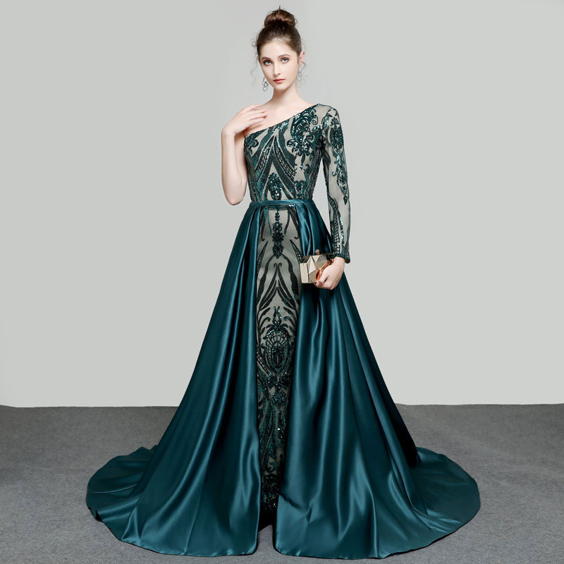 Green Oblique Shoulder Fishtail Evening Dress