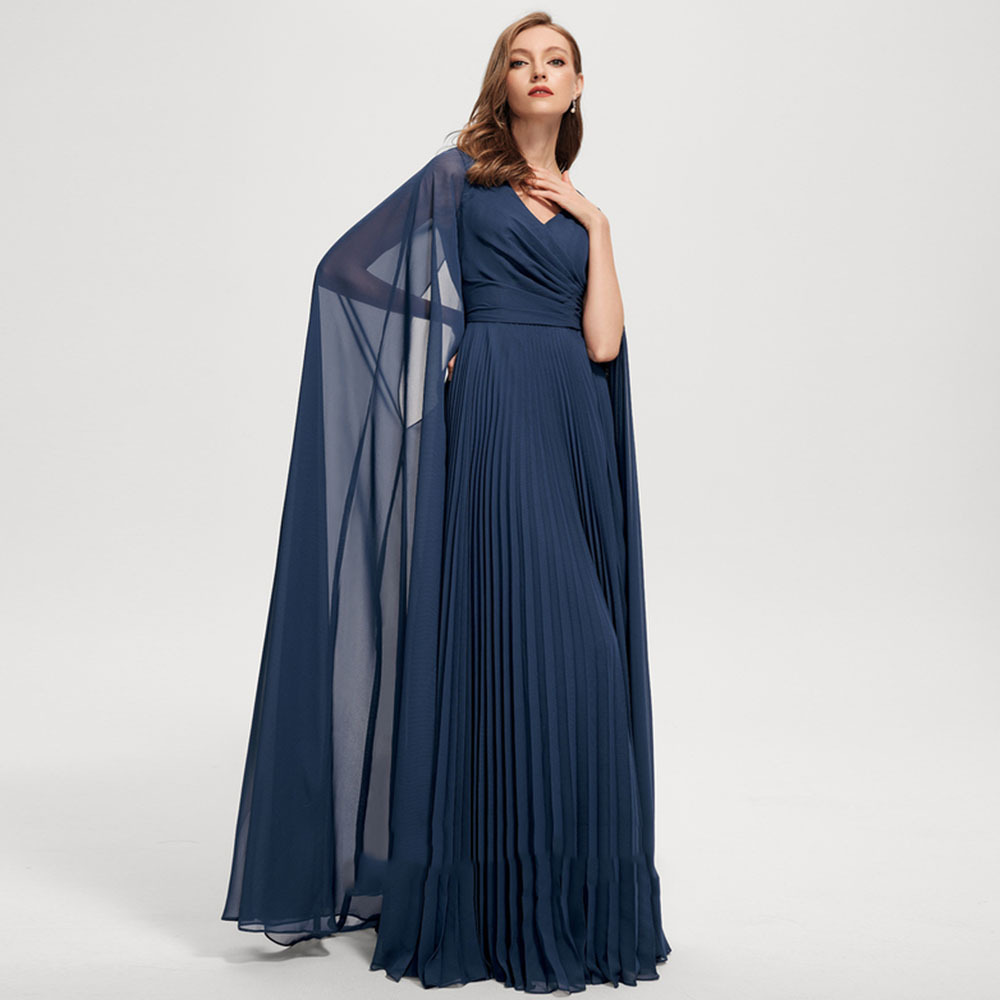 Navy V Neck Long Sleeves Long Evening Dress