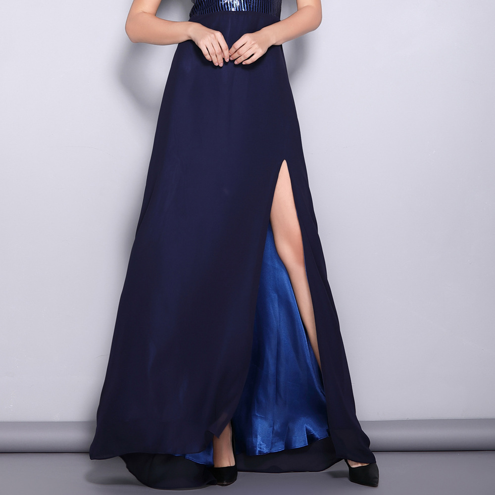 Blue Sequin Long Slit Evening Dress