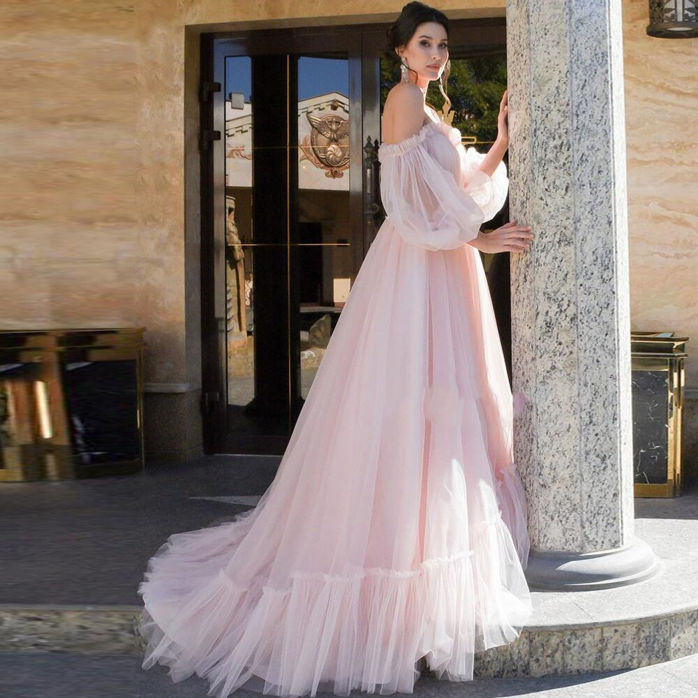 Mesh Off-Shoulder Long Puff Sleeves Evening Dress