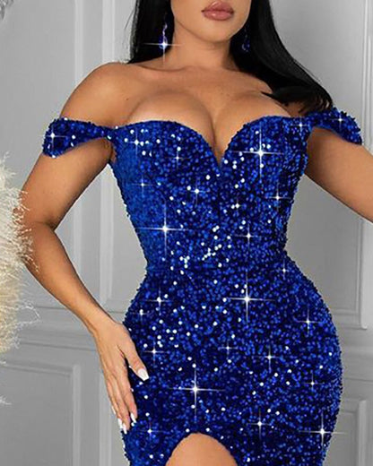 Blue Sequined Thigh High Split Evening Dress