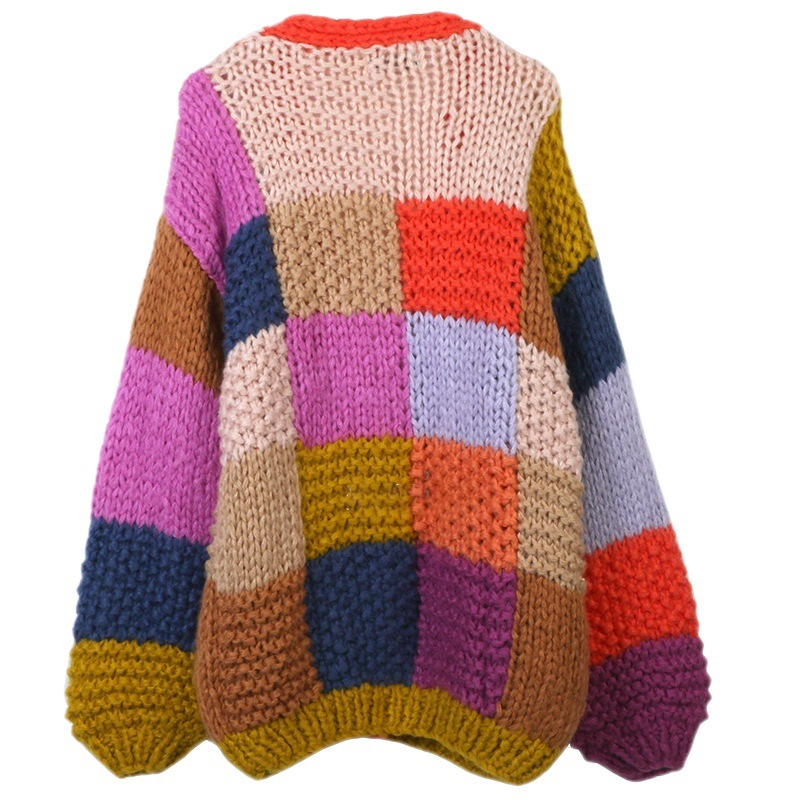 Contrasting Color Hand-knitted Chunky Cardigan