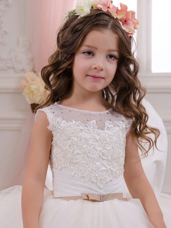 White Lace Applique Sleeveless Ball Gown Kids Wedding Dress