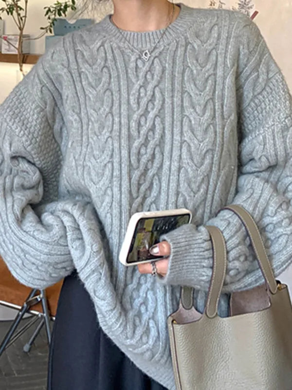 Solid Cable Knit Pullover Sweater