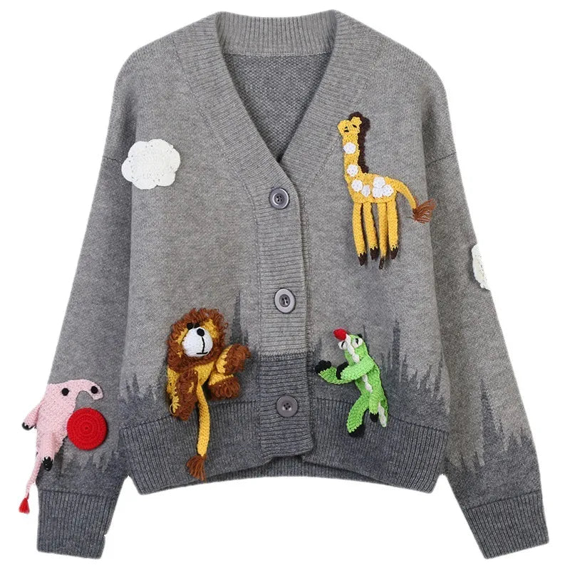 Animal Design Loose Hand-knitted Cardigan