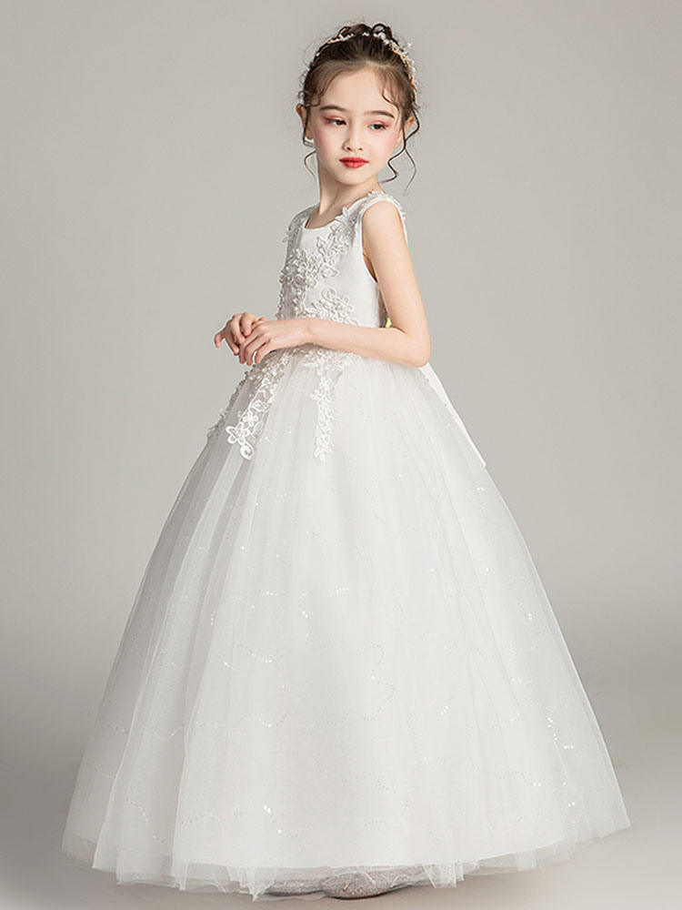 Appliqued Beaded Jewel Neck Sleeveless Kids Party Dress