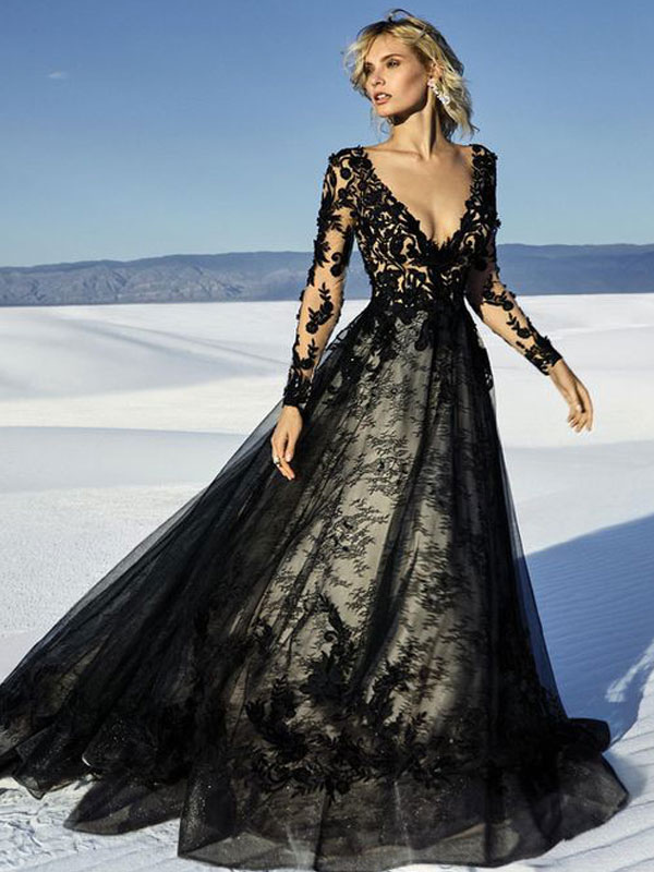 Black Lace Applique Deep V Neck Long Sleeves Wedding Dress