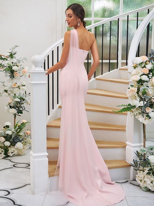 One Shoulder Sleeveless Long Mermaid Maxi Bridesmaid Dress