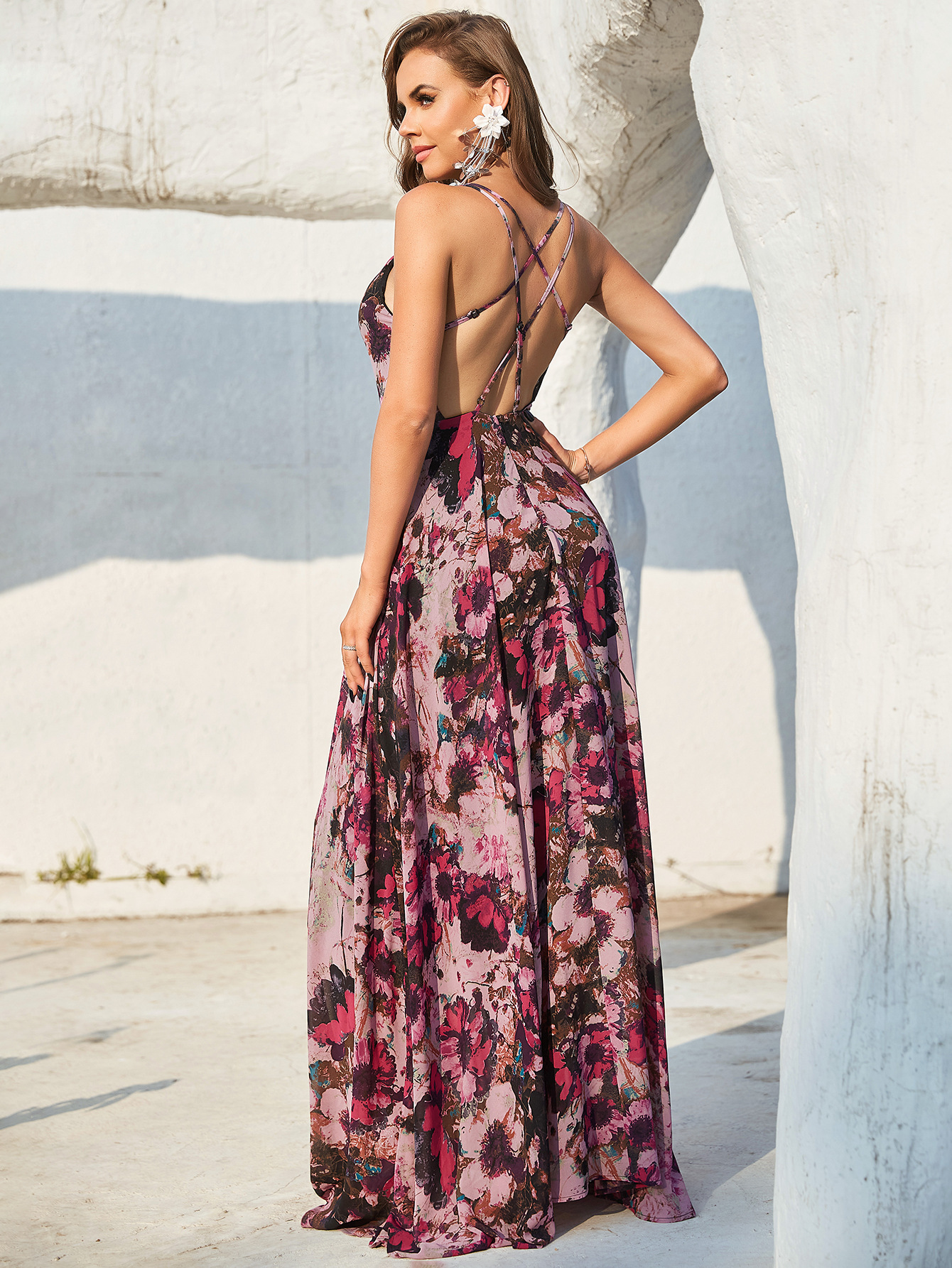 Floral Printed V Neck Long Evening Dress