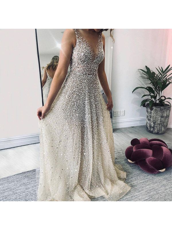 Silver Sparking Sleeveless Evening Dress