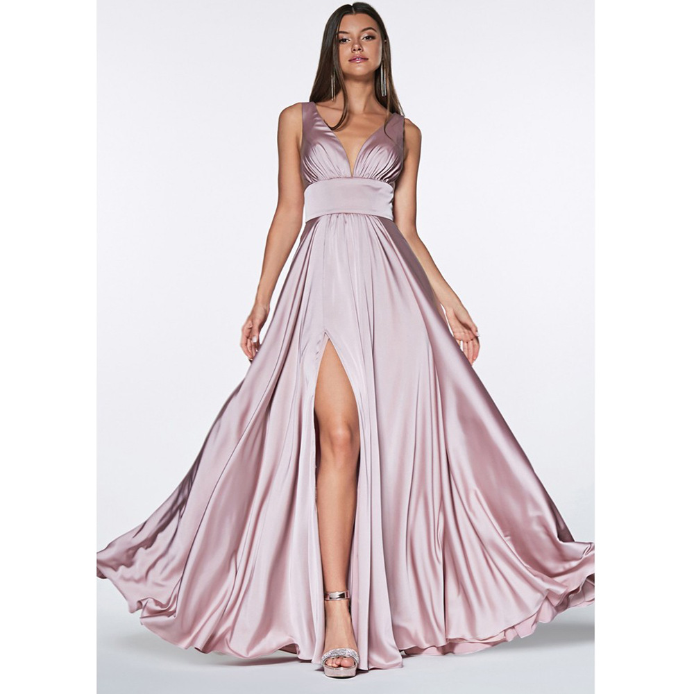 Deep V Neck Sleeveless Pleated Evening Slit Dress