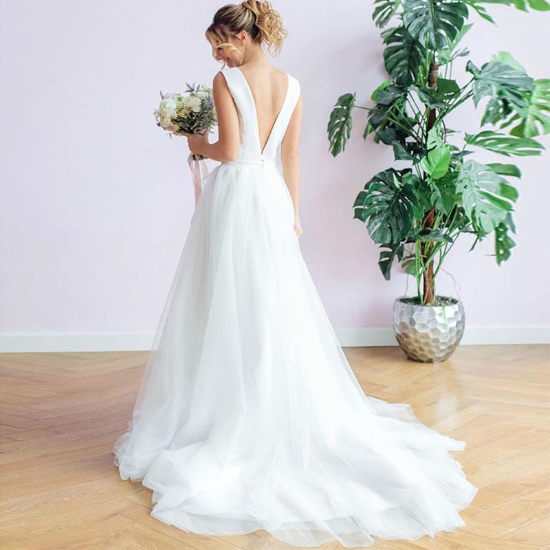 Deep V Neck Open Back Wedding Dress