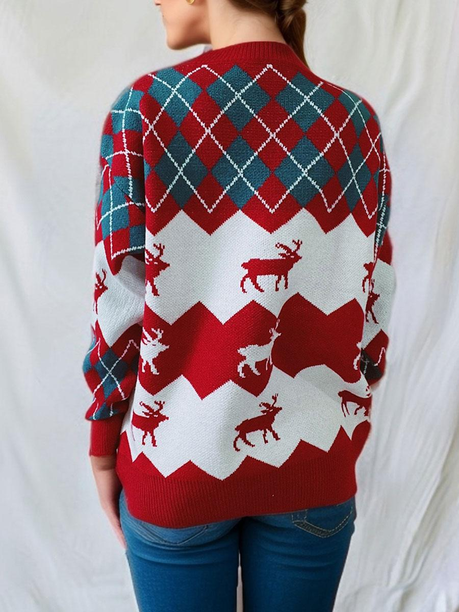 Knitted Elk Printed Pullover Sweater