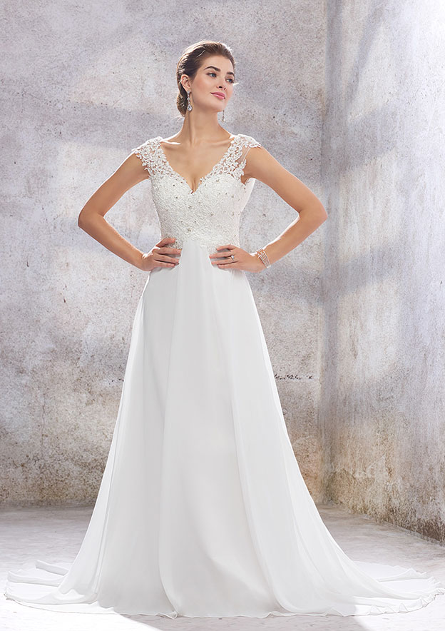 White A-Line Applique Beaded Sleeveless Long Wedding Dress