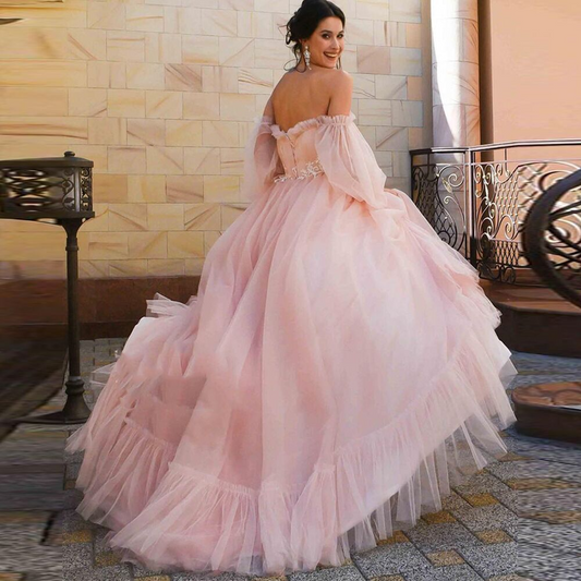 Mesh Off-Shoulder Long Puff Sleeves Evening Dress