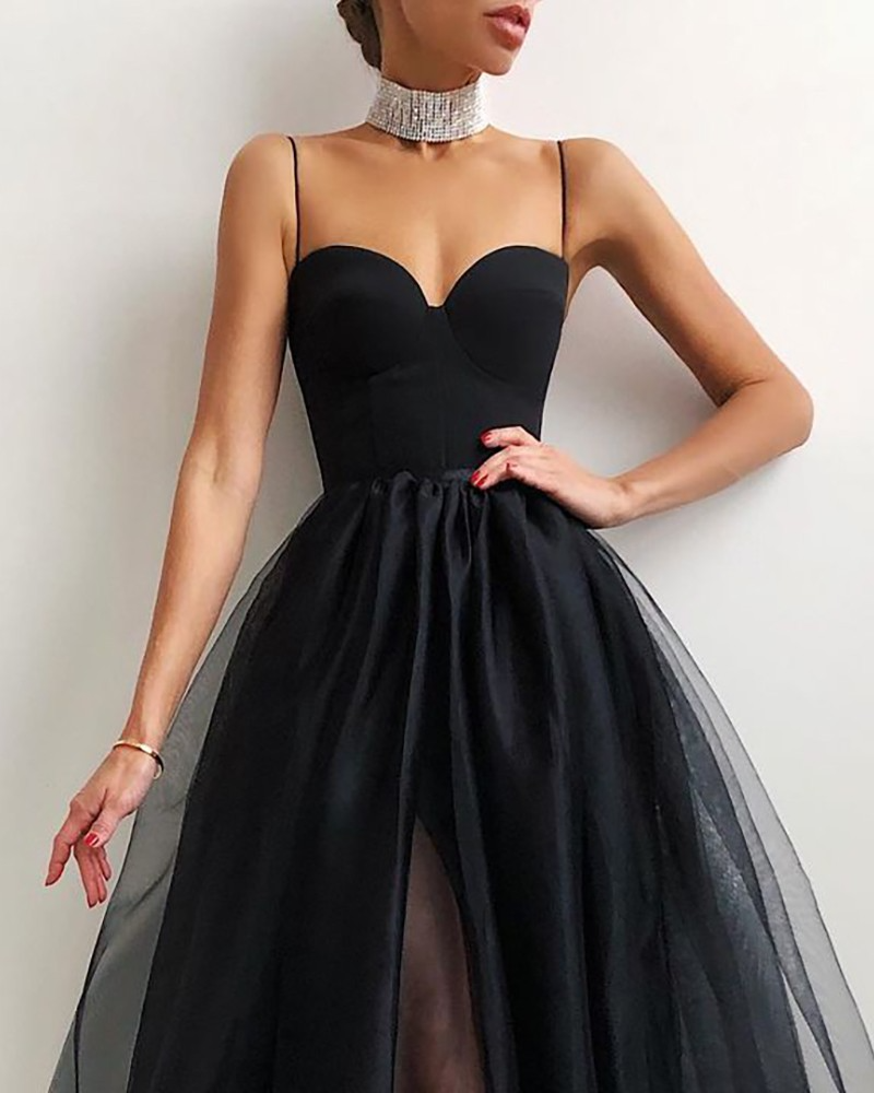 Black Spaghetti Strap Sheer Mesh Evening Dress