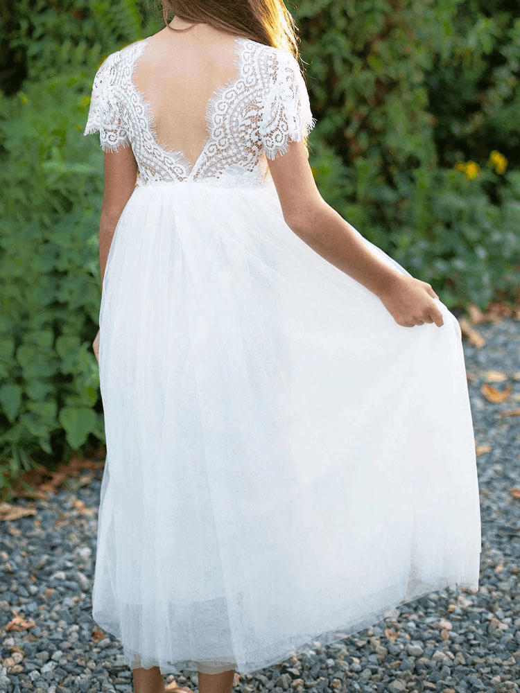 A-Line White Lace Short Sleeves Kids Wedding Dress