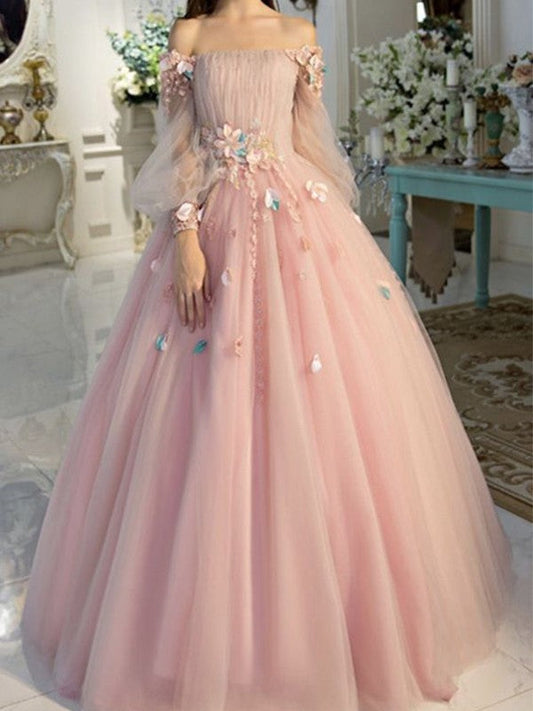 Peach Puff Off-Shoulder Full Sleeves Long Evening Dress