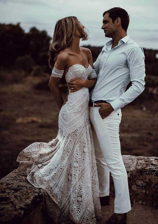 Ivory Lace Off-Shoulder Brush Train Long Wedding Dress