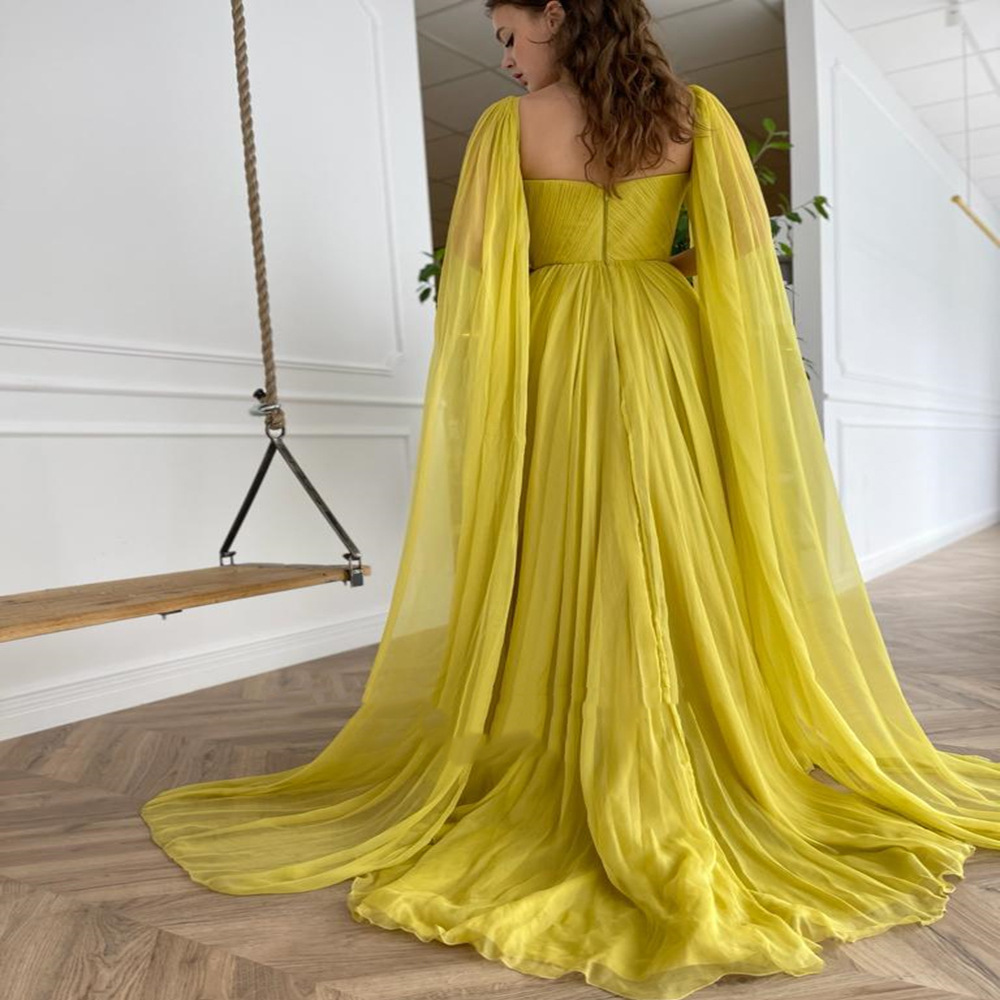 Yellow Long Sleeves Evening Slit Dress