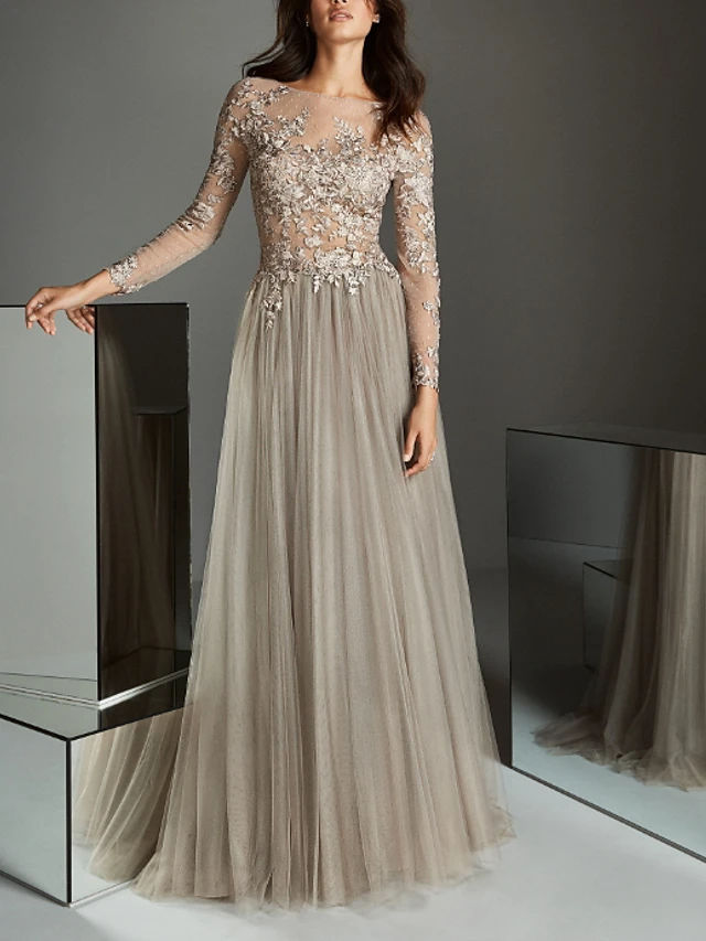 Champagne Long Sleeves Lace Detailing Applique Evening Dress