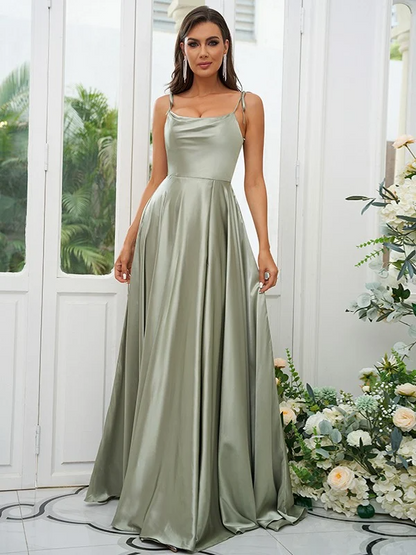 Satin Simple Spaghetti Strap Sleeveless Maxi Bridesmaid Slit Dress