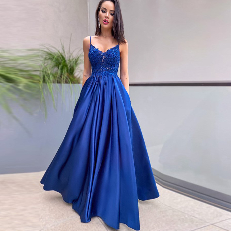 Satin Blue Spaghetti Strap Sleeveless Long Evening Dress