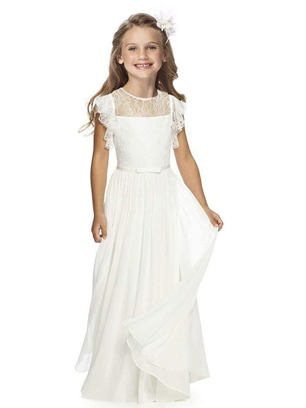 Jewel Neck Short Sleeves Pleated Kids Party Dress