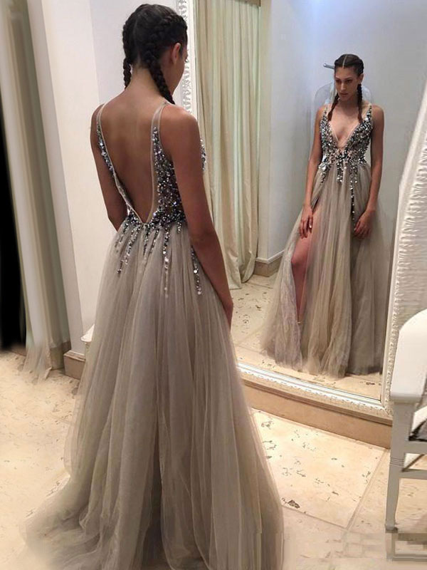 Cornsilk Sequin V Neck Backless Slit Long Prom Dress