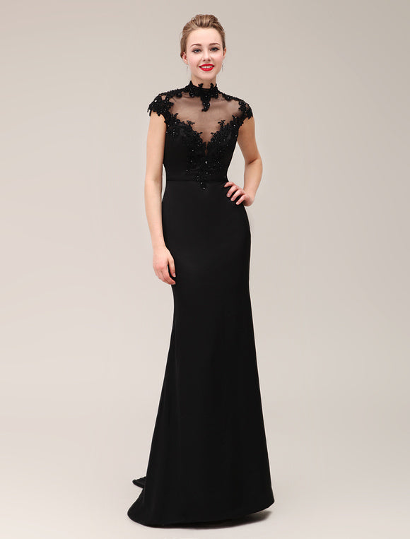 Black Lace Applique Short Sleeves Mermaid Evening Dress