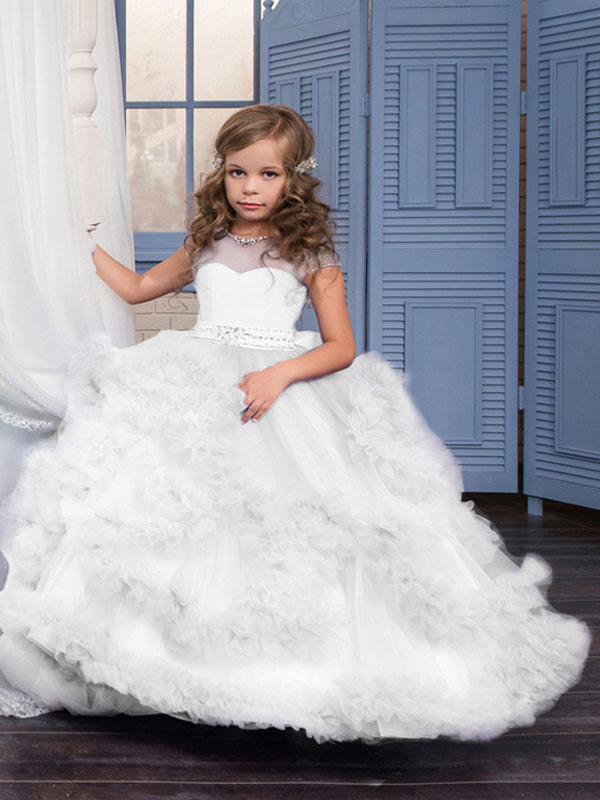 Jewel Neck Short Sleeves Long Kids Wedding Dress