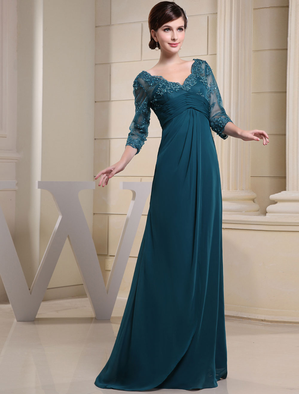 Teal Applique Beaded Long Sleeves Bridesmaid Dress