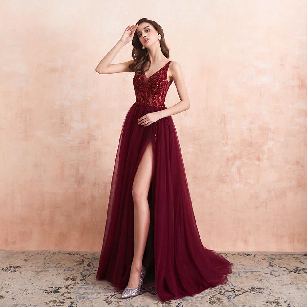 Deep V Neck Embroidered Evening Slit Dress