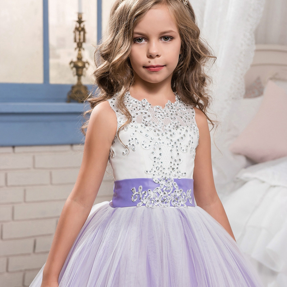 Beaded Lace Embroidered Sleeveless Kids Wedding Dress