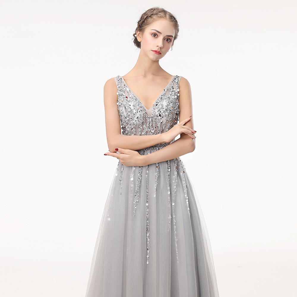 Grey Sequin Deep V Neck Long Prom Dress