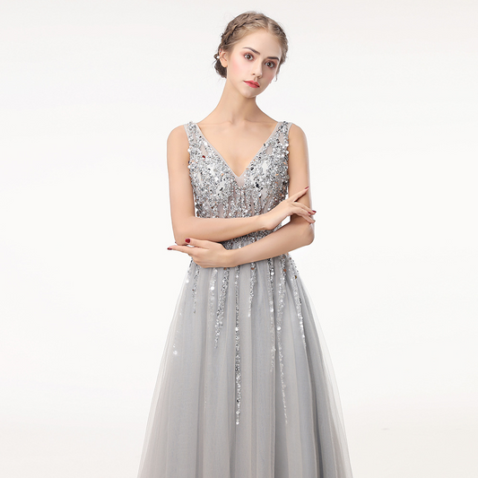 Grey Sequin Deep V Neck Long Prom Dress