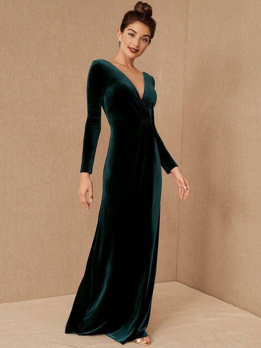 V-Neck Long Sleeve Velour Floor-Length Formal Bridesmaid Dress