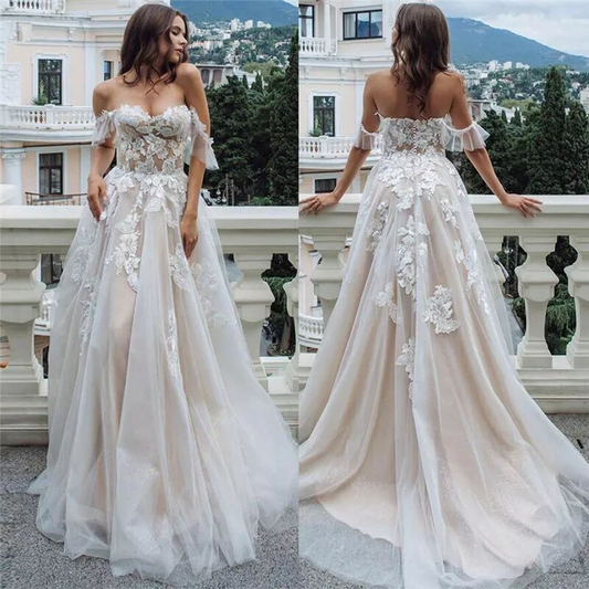 White Off-Shoulder Appliqued Long Evening Dress