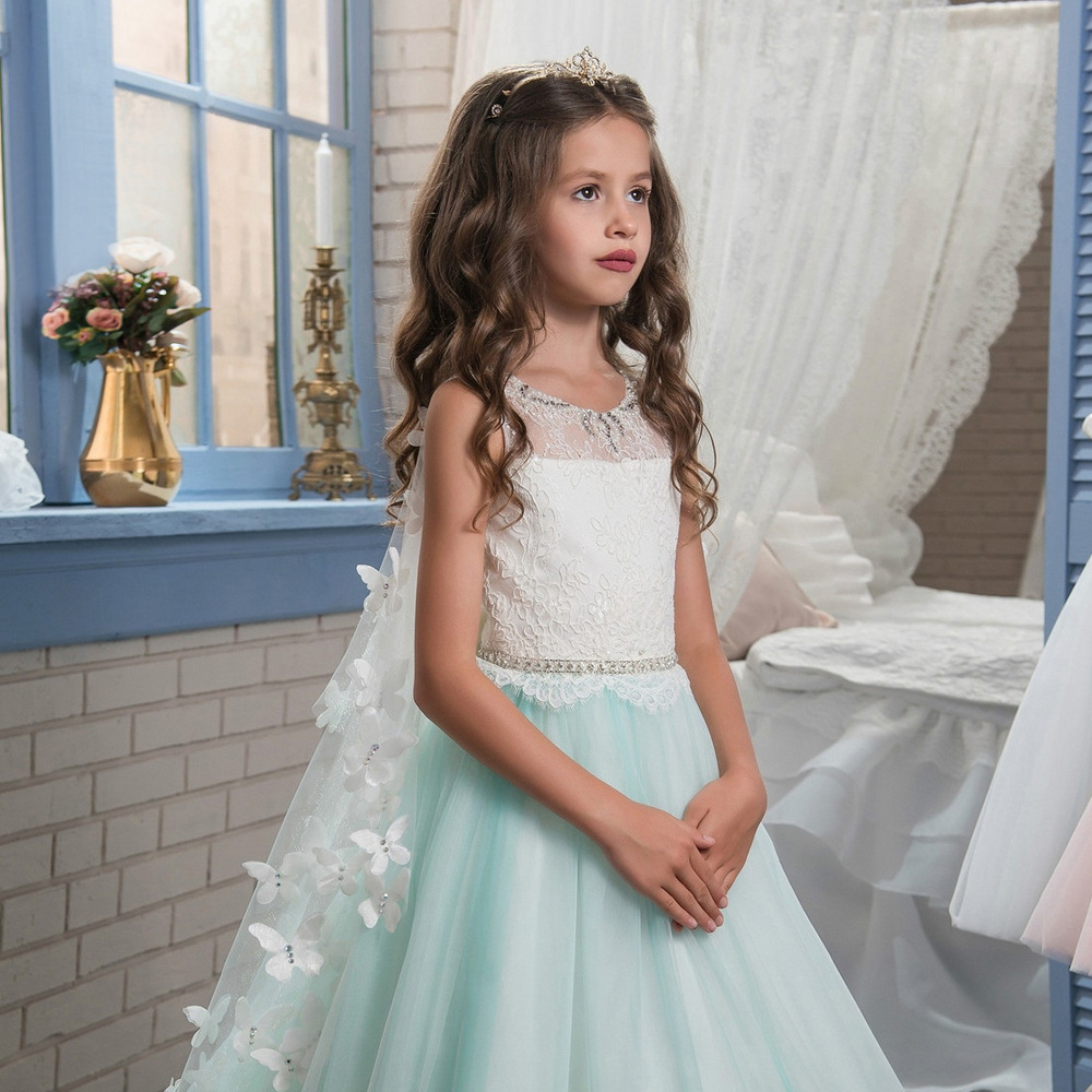 Light Cyan Mesh Sleeveless Kids Fairy Wedding Dress