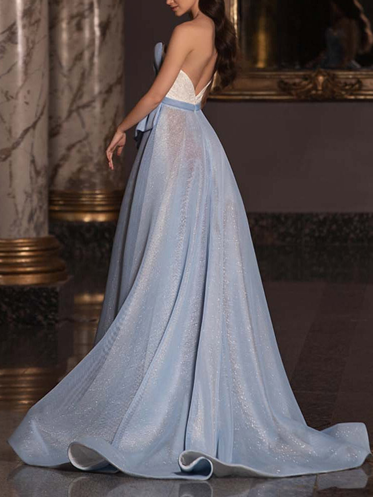 Blue Strapless Side Split Evening Dress