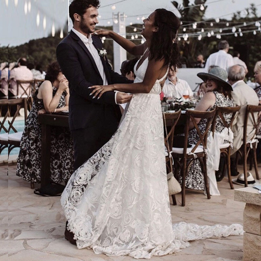 Lace White Backless Wedding Dress