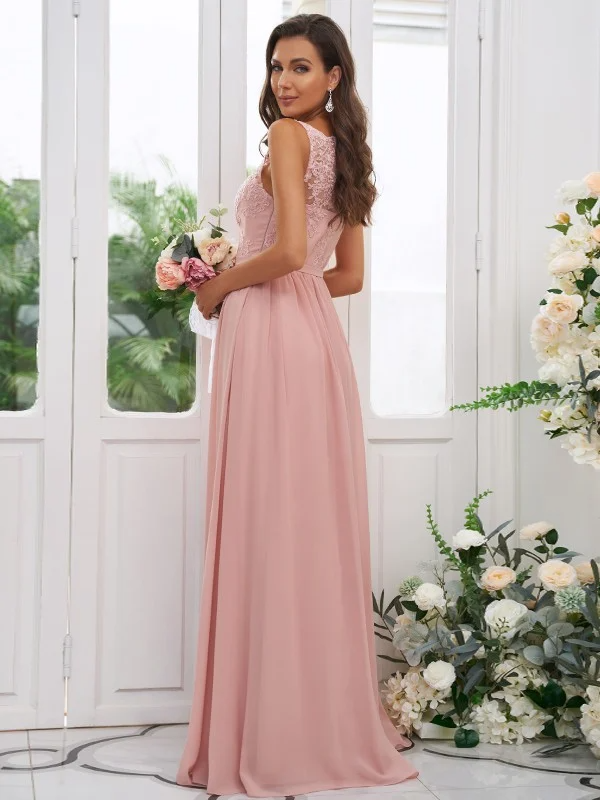 Lace Applique Square Neck Sleeveless Maxi Bridesmaid Dress