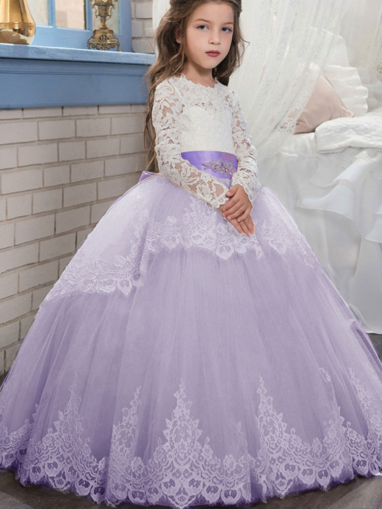 Lace Jewel Neck Long Sleeves Kids Wedding Dress